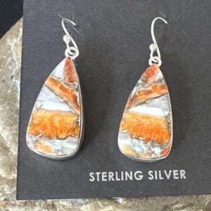 Navajo Blue Turquoise & Orange Spiny Oyster Inlay Dangle Earrings | Sterling Silver | 15583