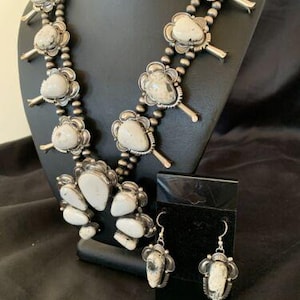 Navajo White Buffalo Turquoise Sterling Squash Blossom Necklace | Naja Pendant | 10957