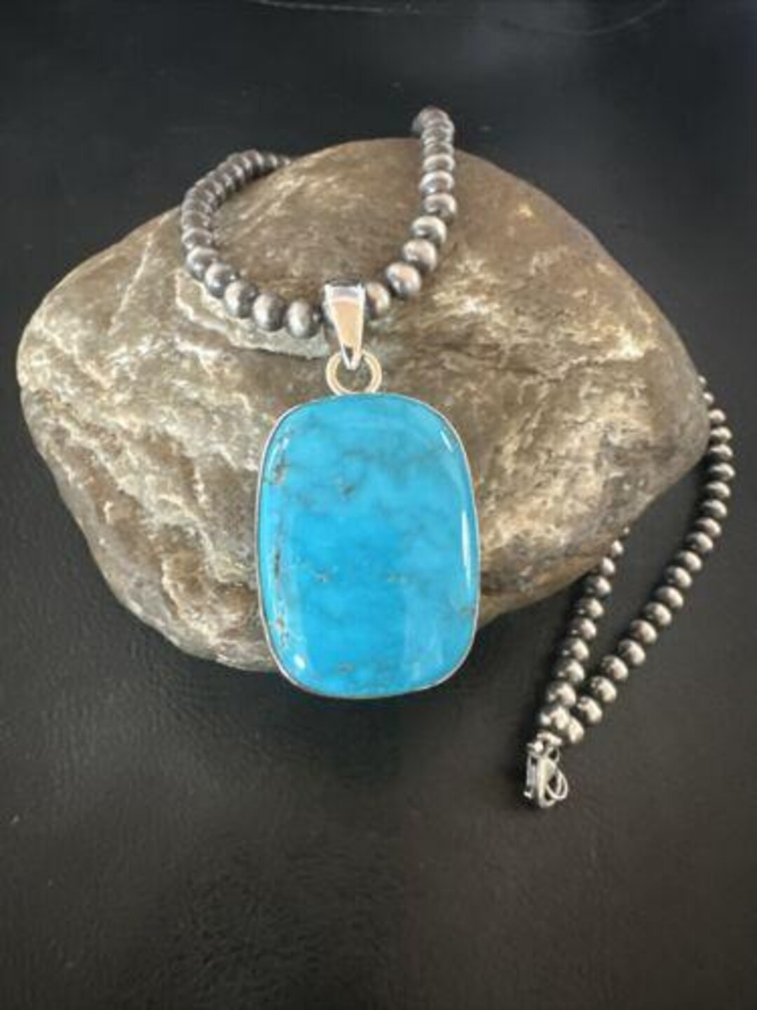 Navajo Blue Kingman Turquoise Pendant Necklace | Sterling Silver | 20 ...
