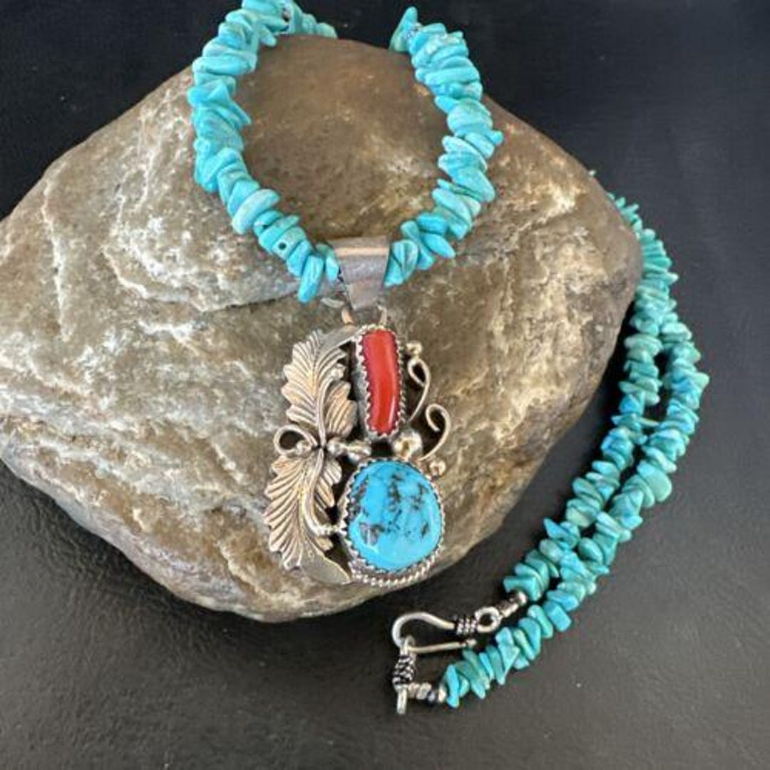 Navajo Blue Turquoise Coral Pendant Necklace | Sterling Silver