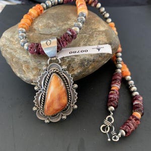 Navajo Sterling Silver Necklace | Orange Purple Spiny Oyster Pendant | Gemstone Pendant | Tribal Bohemian Jewelry | Gift For Women | 00780