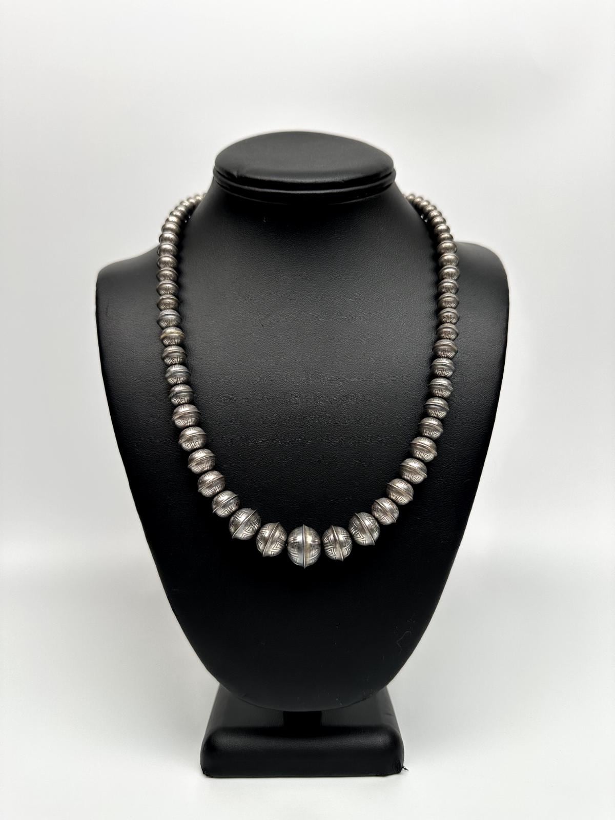 Hand Stamped Navajo Pearls Graduated Sterling Silver Necklace | 23