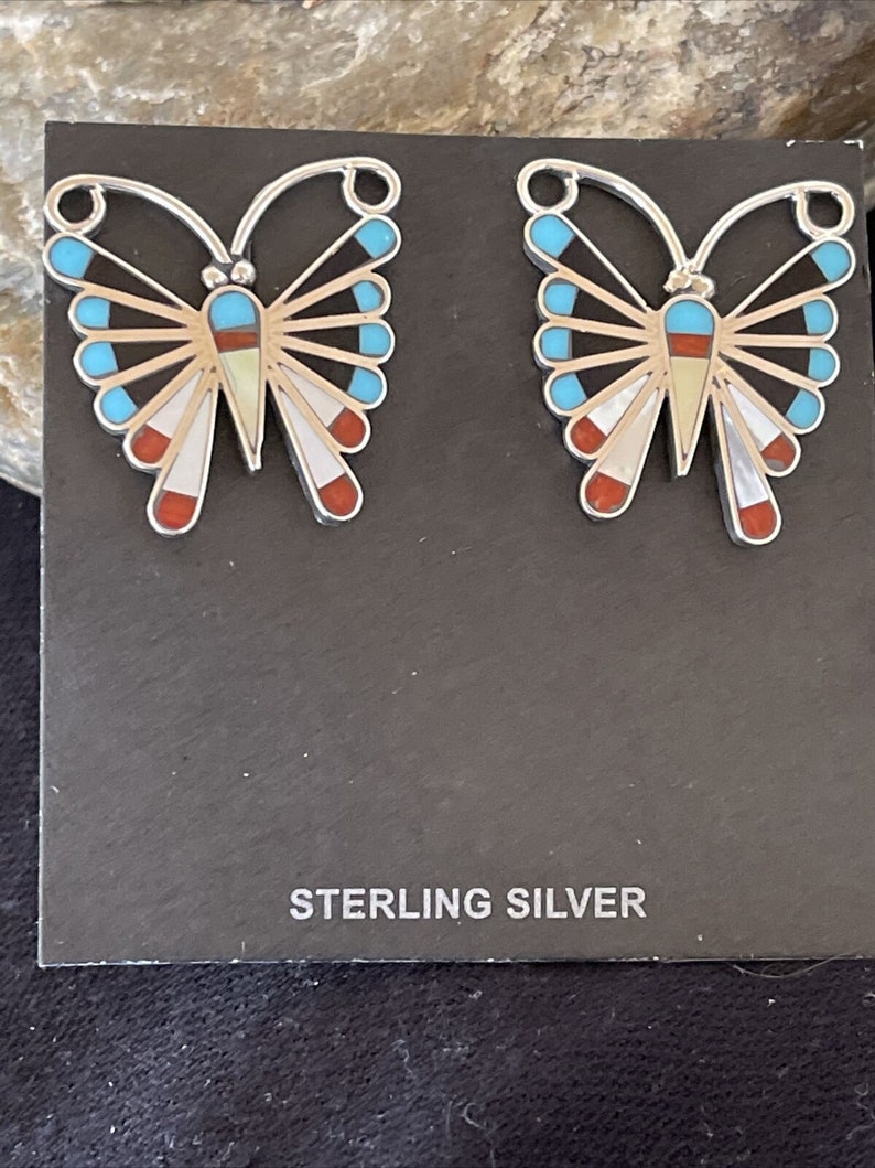 Zuni Native American Sterling Silver Inlay SB Turquoise Coral Mop Earrings 1085