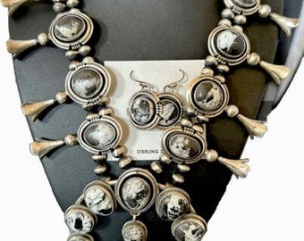 Navajo White Buffalo Turquoise Squash Blossom Necklace & Earrings | Sterling Silver | 16547