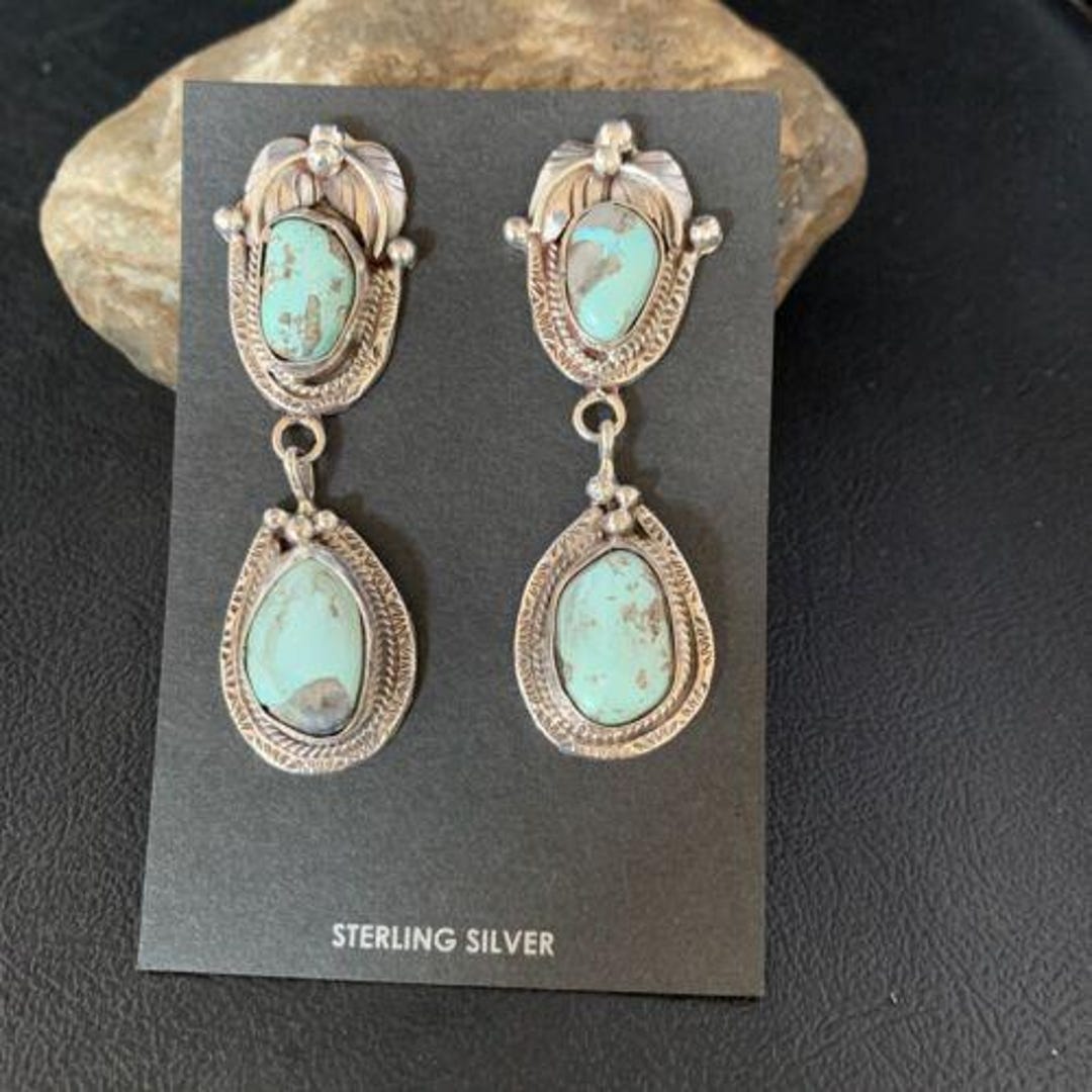 Navajo Blue Dry Creek Turquoise Post Dangle Earrings Sterling Silver Authentic Native American Handmade 13816 Etsy