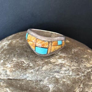 Southwestern Women&#39;s Navajo Blue Turquoise Spiny Oyster Inlay Ring | Sz 8 | 14559