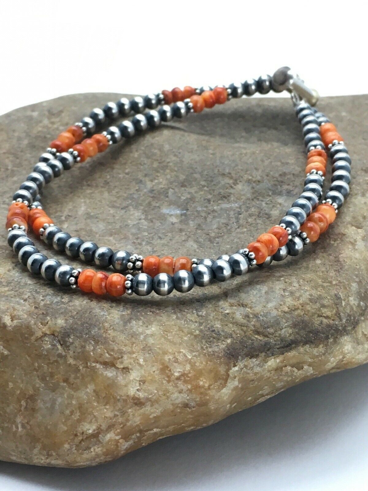 Native American Navajo Pearls Sterling Silver Orange Spiny Oyster Bracelet 