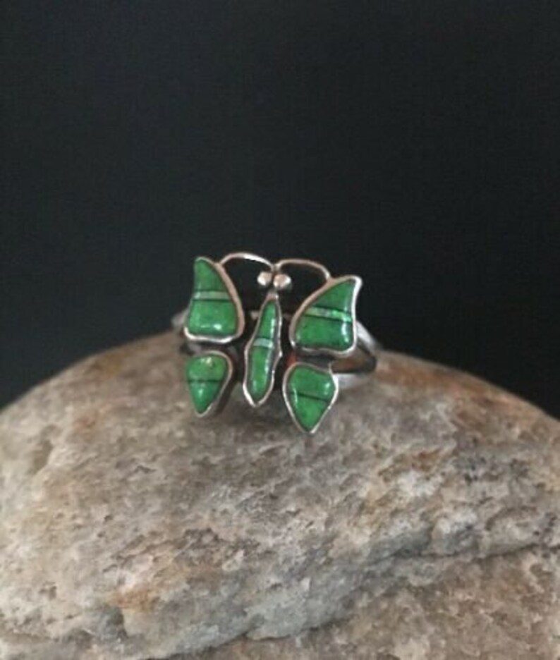 Native American Old Pawn Navajo Sterling Silver Butterfly Green Turquoise Opal Ring Sz 7