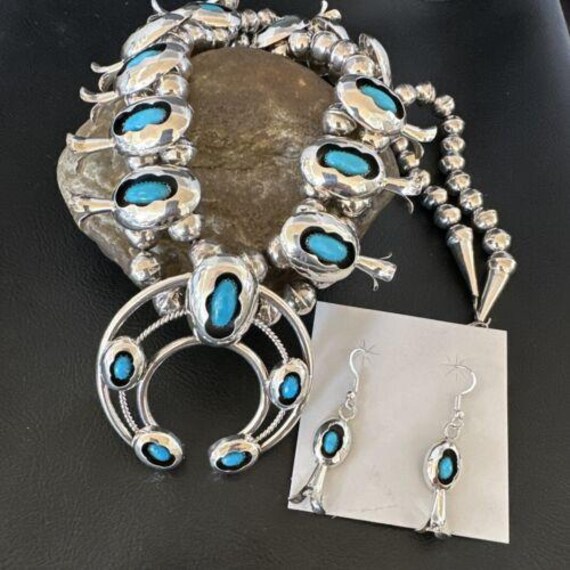 Navajo Turquoise Shadowbox Squash Blossom Necklace & Earrings