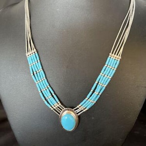 Navajo Liquid Silver Heishi 5-Strand Necklace | Turquoise Pendant | Sterling Silver | 14821
