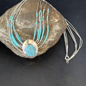 Liquid Silver Heishi 5-Strand Pendant Necklace | Sterling Silver | Turquoise | Navajo | 14820