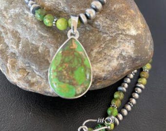 Navajo Pearls Necklace with Green Mojave Turquoise Pendant | Sterling Silver | Southwestern Handmade | 10580
