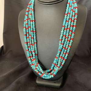 Southwestern Santo Domingo Coral Spiny Blue Turquoise Necklace | 5 Strand | 22&quot; | 12049