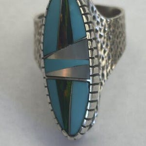 Southwestern Navajo Opal & Turquoise Inlay Ring | Sterling Silver | Sz 8 | 01615