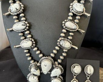 Navajo White Buffalo Turquoise Pendant Earrings | Sterling Silver Squash Blossom Necklace | 17443