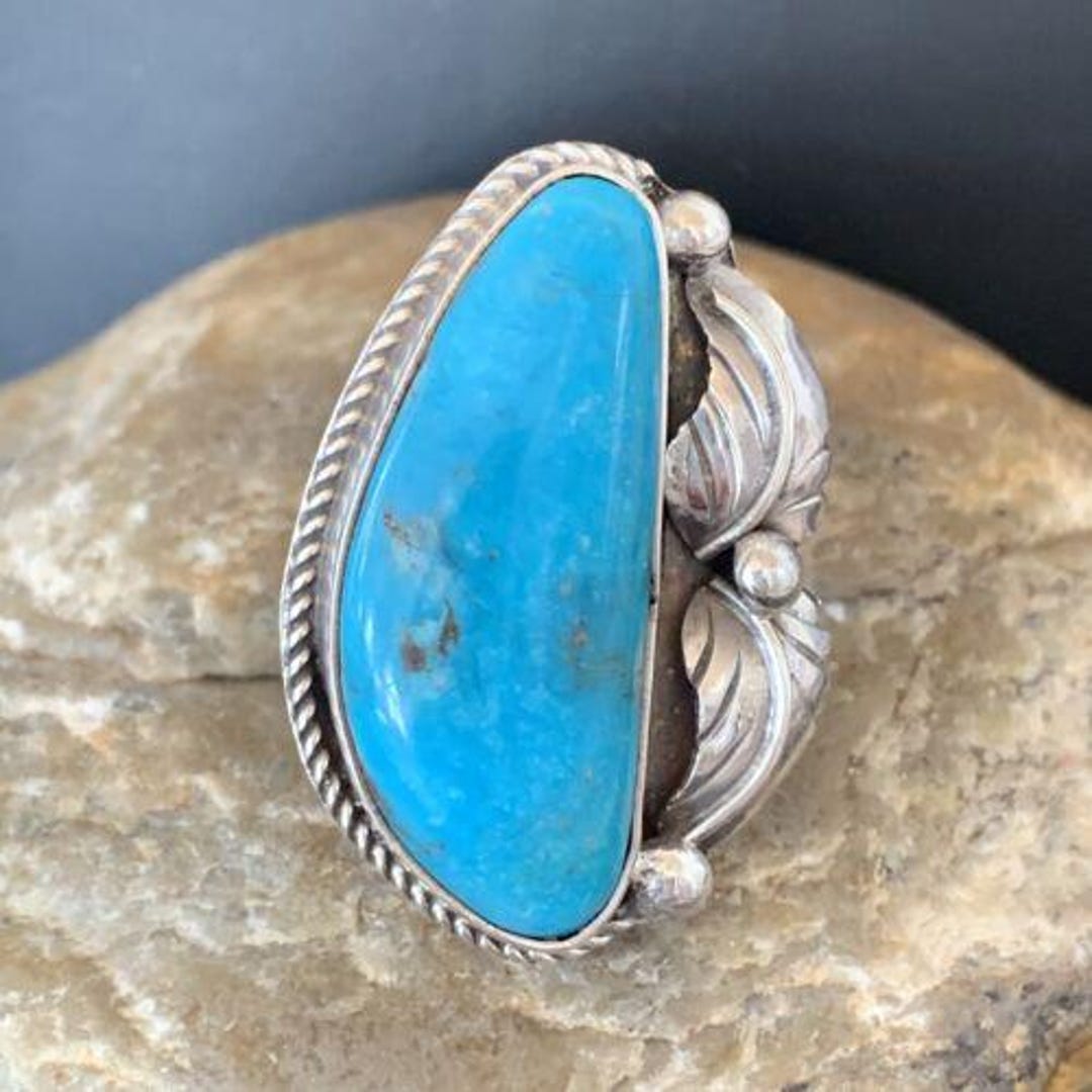 Navajo Blue Kingman Turquoise Ring | Sterling Silver Feather | Sz 7.5 ...