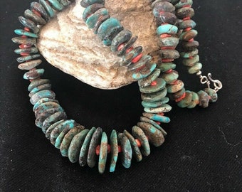 23” Rare Native American Navajo Turquoise Sterling Silver Spiny Necklace *131 