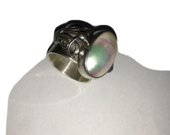 Southwestern White Mabe Pearl Ring | Sterling Silver | Sz 8 | Handmade | 1724