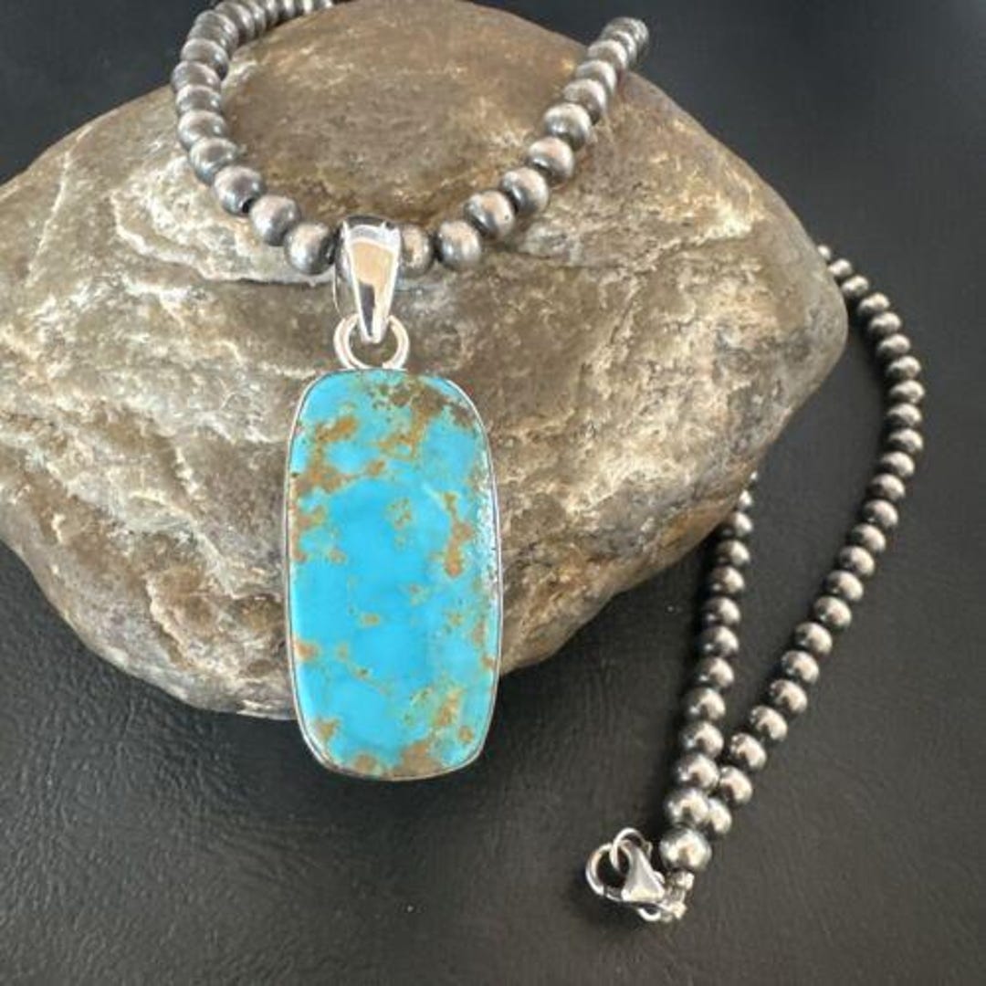 Navajo Blue Kingman Turquoise Pendant Necklace | Sterling Silver | 20 ...