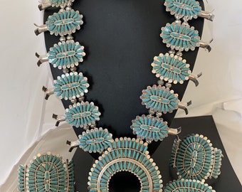 Rare Navajo 7pc Sterling Silver Squash Blossom Kingman Turquoise Necklace Set