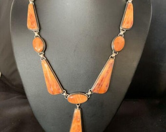 Navajo Lariat Necklace with Orange Spiny Oyster Pendant | Sterling Silver | 20" | Authentic Native American Jewelry | 13883