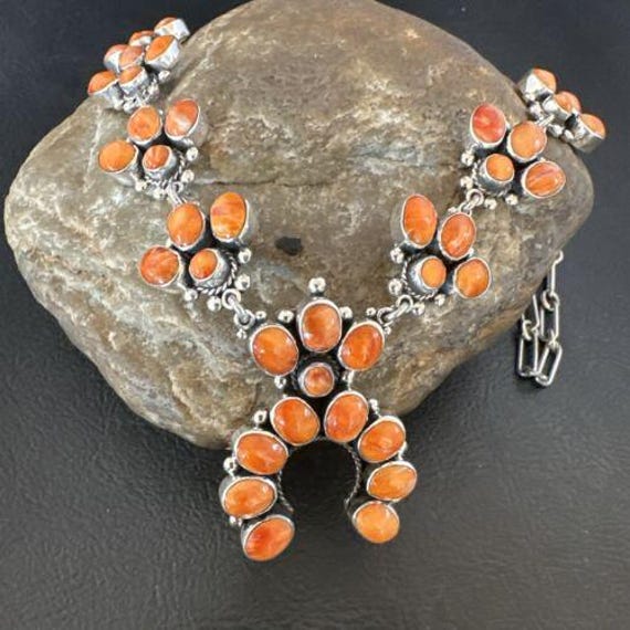 Navajo Orange Spiny Oyster Squash Blossom Necklace Sterling Silver