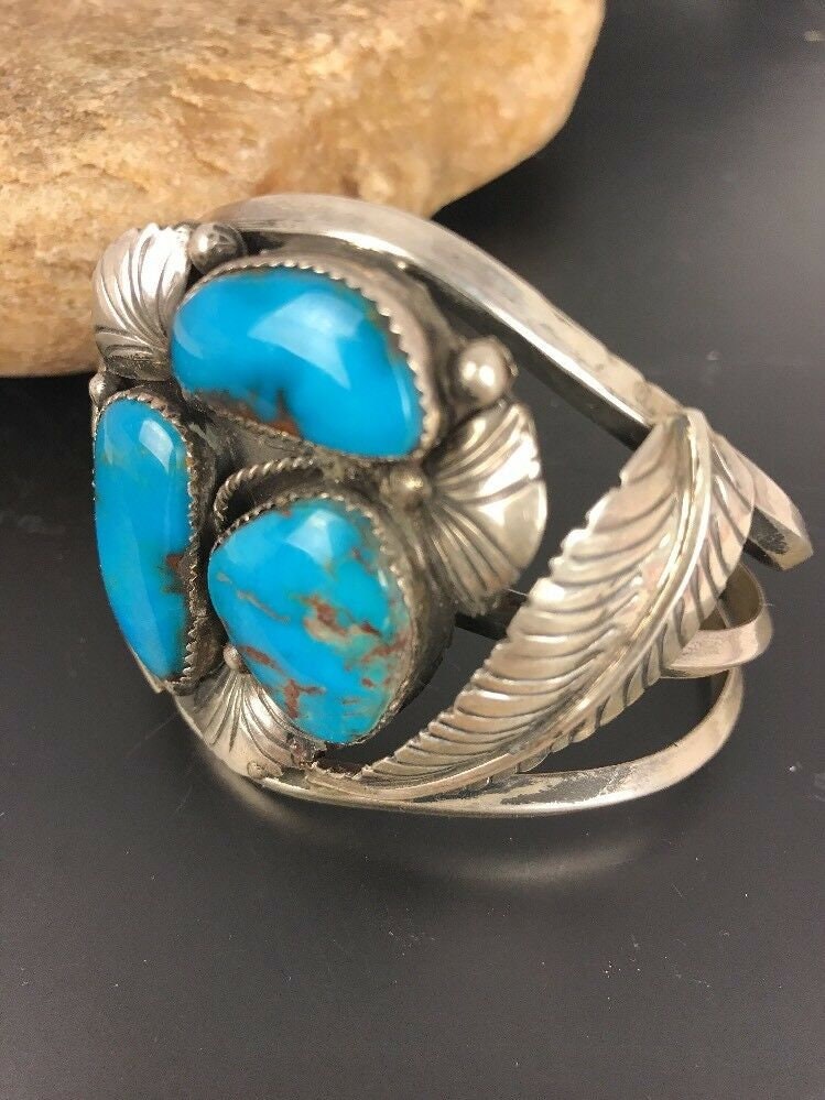 Old Pawn Navajo Sterling Silver Bisbee Turquoise Cuff Bracelet | Etsy