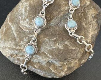 Navajo Blue Larimar Link Bracelet | Sterling Silver | 8" | Authentic Native American Handmade | 16084