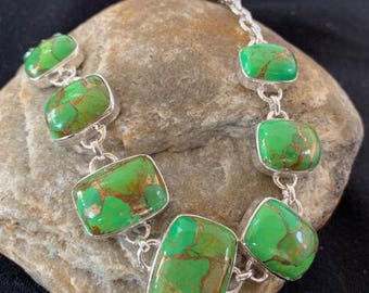 Navajo Green Mojave Turquoise Link Bracelet | Sterling Silver | 8.5" | Authentic Native American Handmade | 662