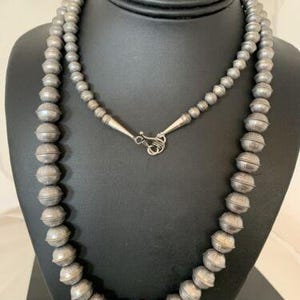Navajo Pearls Sterling Silver Necklace | Hand-Stamped Bench Beads | 36&quot; | Southwestern | Beaded Necklace | Pearls Silver Necklace | 93336
