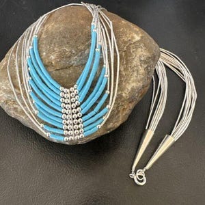 Navajo Türkis Halskette | 10-Strang | Sterling Silber Tube Heishi | 56cm | 16449