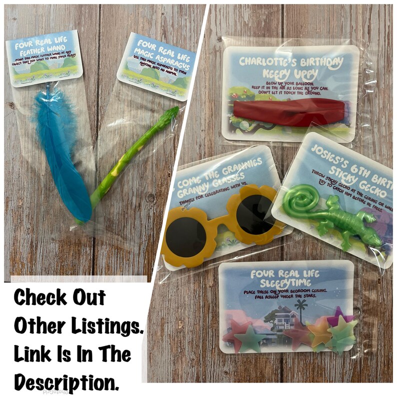 May include: A set of party favors for a birthday party. The favors include a blue feather wand, a green asparagus, a red paddle, a pair of yellow sunglasses, a green gecko, and a set of glow-in-the-dark stars. The favors are packaged in clear plastic bags with colorful labels.