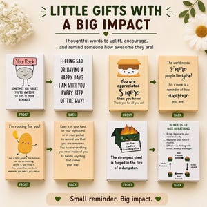 May include: Four small rectangular gift boxes with front and back views. The boxes feature illustrations of a rock, a s'more, a potato, and a dumpster, each with encouraging text. The top text reads LITTLE GIFTS WITH A BIG IMPACT.