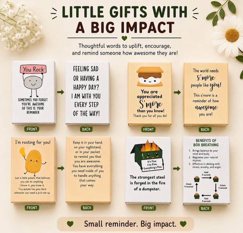 May include: Four small rectangular gift boxes with front and back views. The boxes feature illustrations of a rock, a s'more, a potato, and a dumpster, each with encouraging text. The top text reads LITTLE GIFTS WITH A BIG IMPACT.