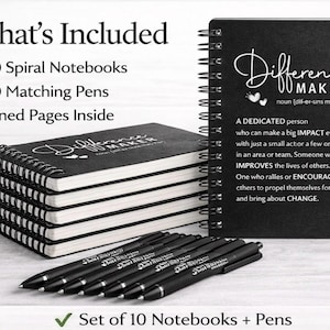 May include: A set of 10 black spiral notebooks and matching pens. The notebooks have the words "Difference Maker" on the cover. The image also includes the text "What's Included" and "Set of 10 Notebooks + Pens".