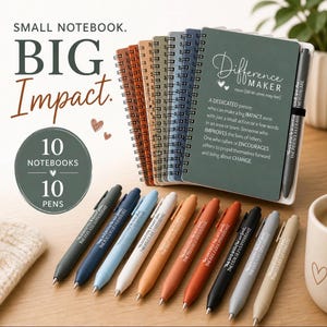 May include: A set of ten notebooks and ten pens in various colors. The notebooks are spiral-bound and feature a quote about making a difference. The pens have text printed on them. The image includes the text "SMALL NOTEBOOK. BIG Impact."