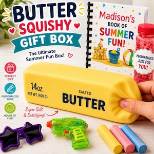 May include: A yellow squishy toy shaped like a 14 oz. stick of salted butter, a spiral-bound book titled Madison's Book of Summer Fun, a red bottle with beads, purple star-shaped sunglasses, a green water gun, and three sticks of sidewalk chalk.