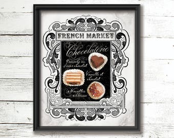 French Market Chocolate Shop wall art printable kitchen sign chocolate illustrations script font Art Design Joy home decor
