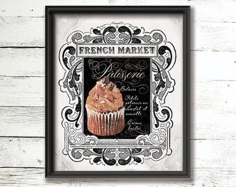 French Market Patisserie wall art printable kitchen sign chocolate cupcake illustration script font Art Design Joy home decor