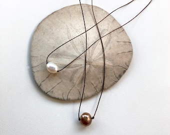 Simple Freshwater Pearl Cord Choker, Single Floating Pearl, Minimalist Necklace, White or Chocolate Brown Pearl
