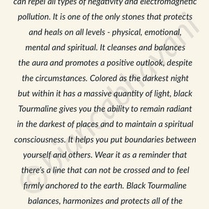 May include: Text on a cream-colored background describes Black Tourmaline as a protective stone that repels negativity and promotes a positive outlook. The text mentions the stone's healing properties and its ability to maintain spiritual consciousness.