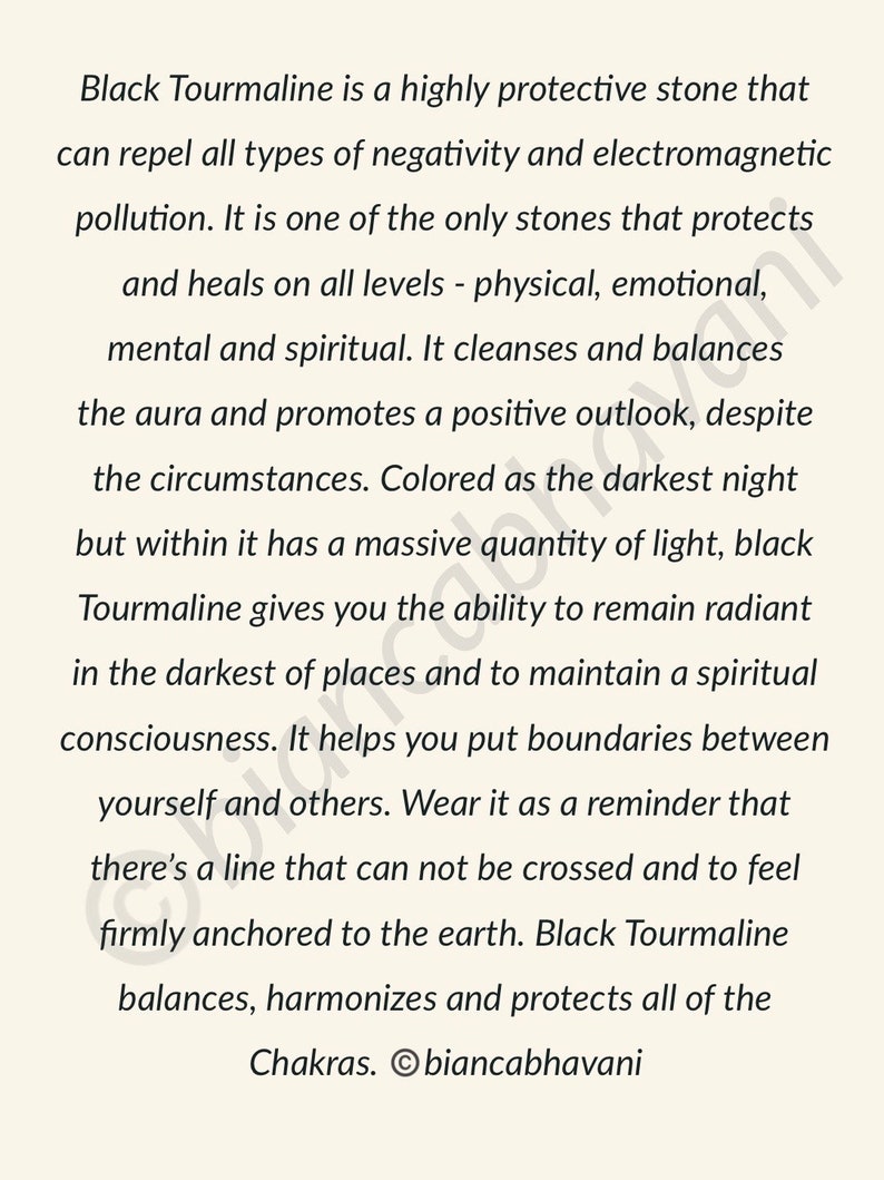 May include: Text on a cream-colored background describes Black Tourmaline as a protective stone that repels negativity and promotes a positive outlook. The text mentions the stone's healing properties and its ability to maintain spiritual consciousness.