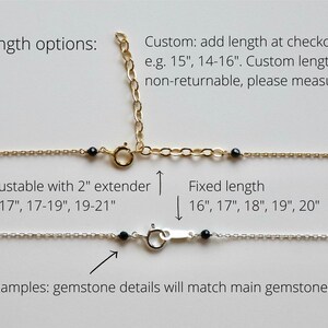 May include: Close-up of gold and silver necklaces with black gemstone accents. Text indicates length options: adjustable with a 2" extender, and fixed lengths from 16" to 20". The text also mentions custom lengths.
