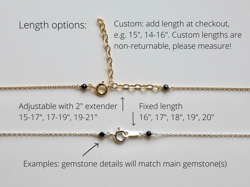 May include: Close-up of gold and silver necklaces with black gemstone accents. Text indicates length options: adjustable with a 2" extender, and fixed lengths from 16" to 20". The text also mentions custom lengths.
