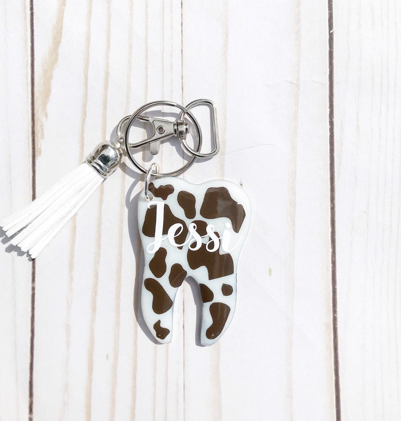 Tooth Keychain Cow Print and White Glitter Gift for Dental Etsy