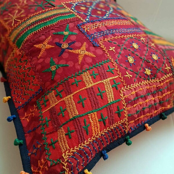 Banjara Lambani hand embroidered red cushion cover, Throw Pillow , Floor Pillow, Sofa toss, Boho cushion, pompom, bohemian, Indian ethnic