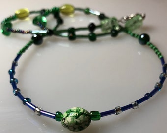 Green and Blue Glass-Beaded - 24 Inch Necklace Art Glass, OAK (one of a kind) Hand-created by Myself, Stainless Steel  Wire