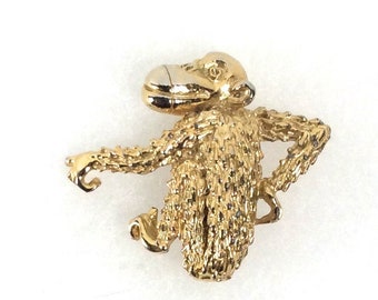 Gerry monkey brooch, fun textured gold tone pin -- a chimpanzee scratching himself!