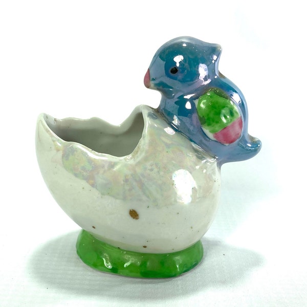 Vintage bird on an egg figural salt server, hand painted made in Japan lusterware, Easter Table Decor, toothpick holder. So cute!