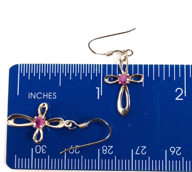Sterling silver looped cross earrings with a central ruby stone ~ Vintage Dangle earrings ~ Stamped 925